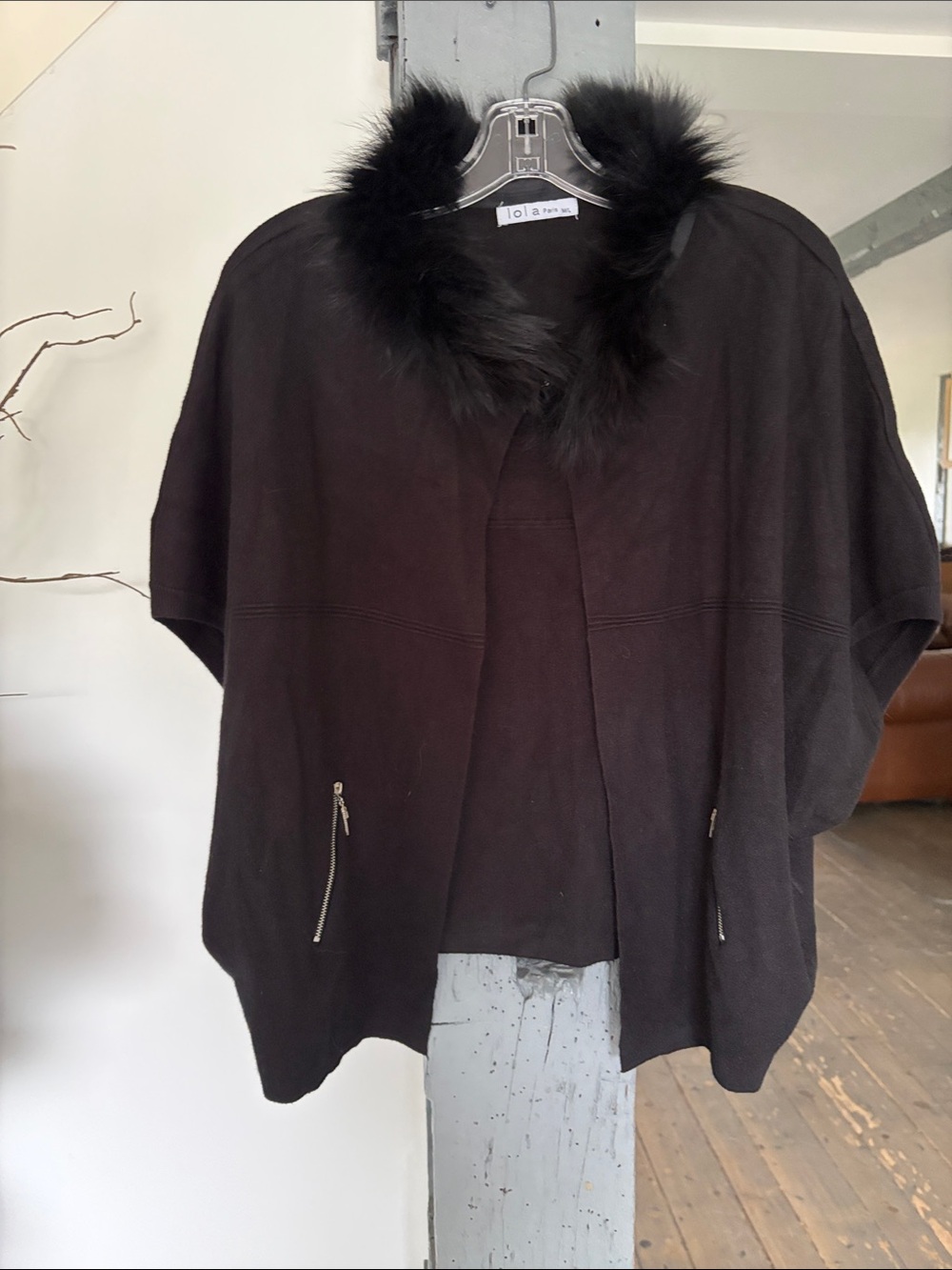 Black Fur-Trim Cape Jacket by Lola Paris